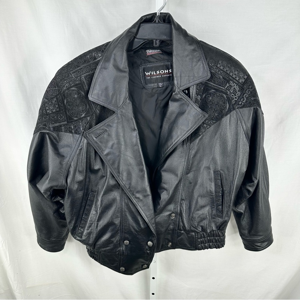 Vintage 80s Wilsons Womens Black Leather Batwing Bomber Jacket Embossed Sz XL
